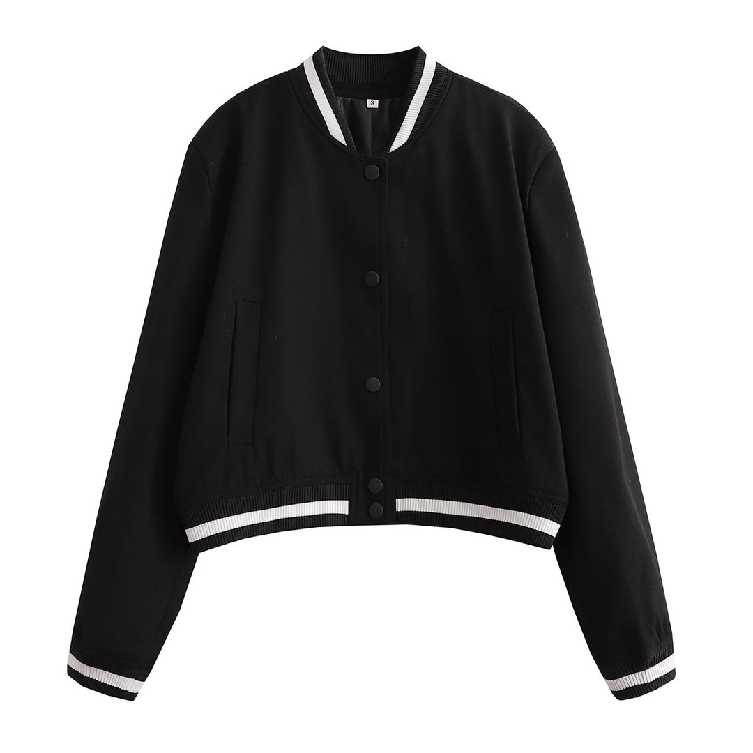 Damen Kurz geschnittene Collegejacke mit Rippbündchen und Druckknöpfen Drune