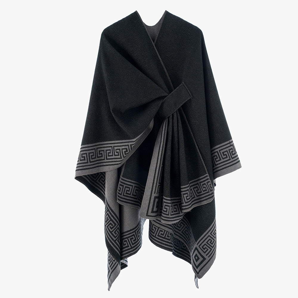 Damen Cape-Umhang aus Wollmix, reversibel mit Bindegürtel und Mäanderbordüre Drune