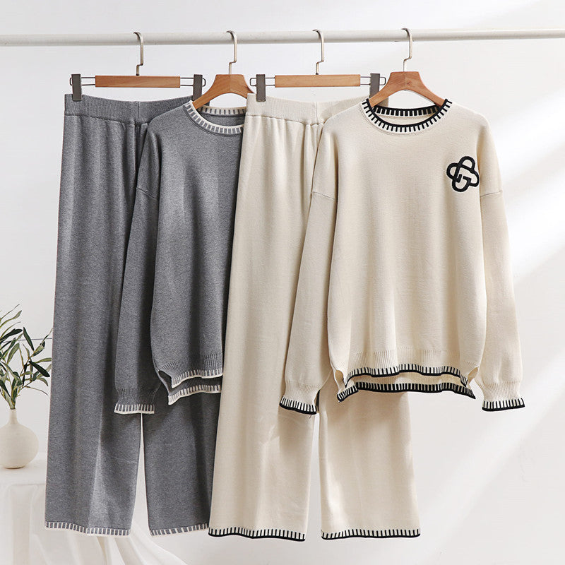Damen lässiges Strick-Loungewear-Set mit dekorativen Kontrastdetails Drune