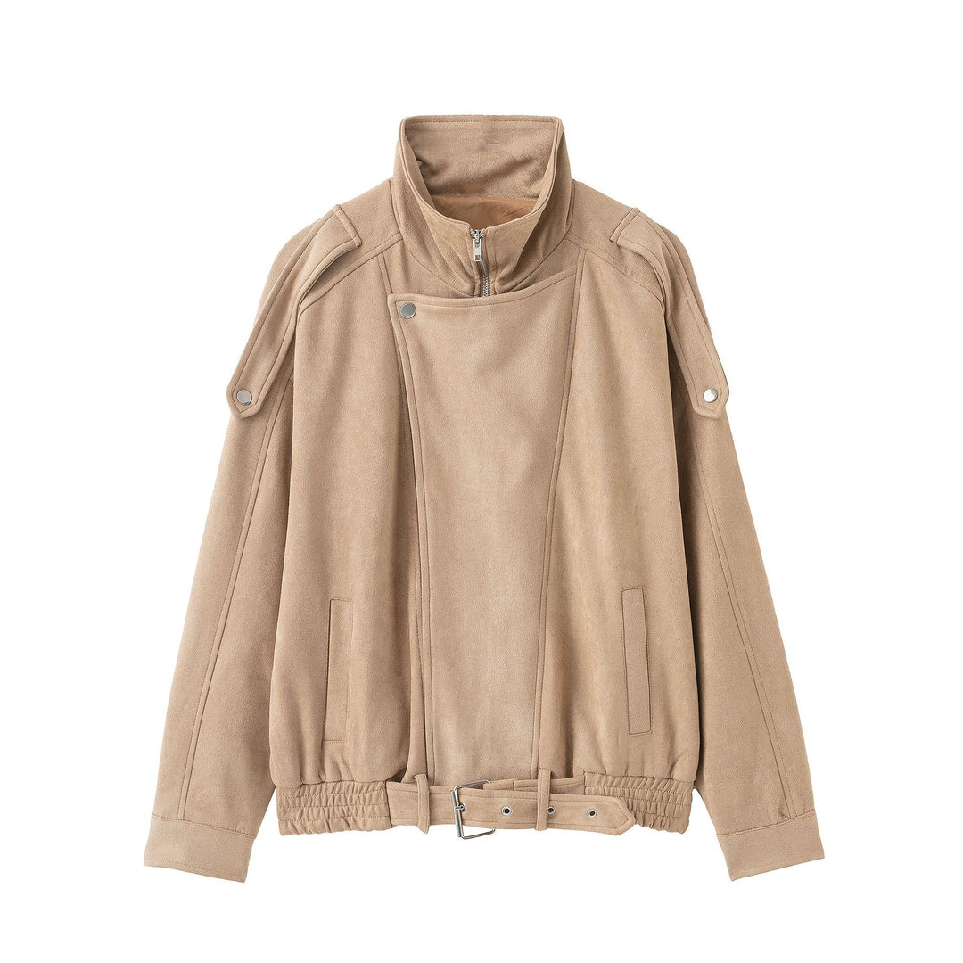 Damen Kurzjacke im Wildleder‑Look mit hohem Stehkragen, Schulterklappen und Taillengürtel Drune