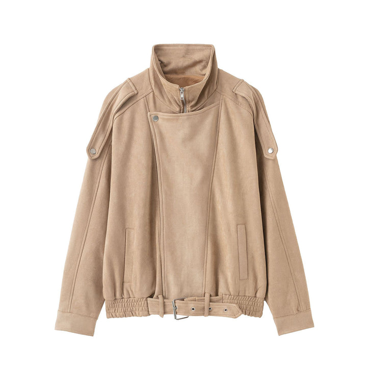 Damen Kurzjacke im Wildleder‑Look mit hohem Stehkragen, Schulterklappen und Taillengürtel Drune
