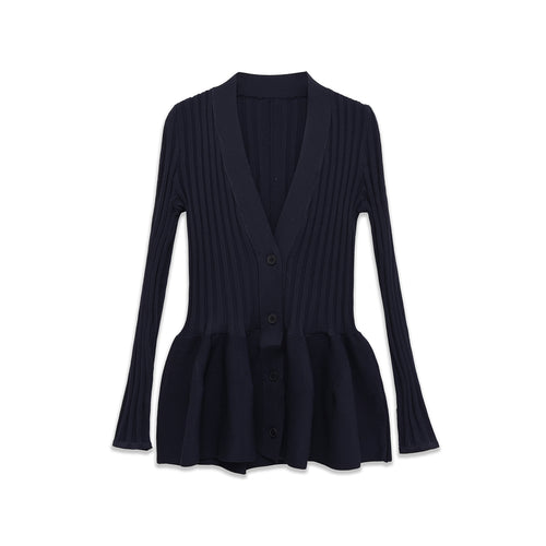 Damen nan gerippter Strickcardigan mit Schalkragen, tailliertem Volantsaum und Knopfleiste Drune