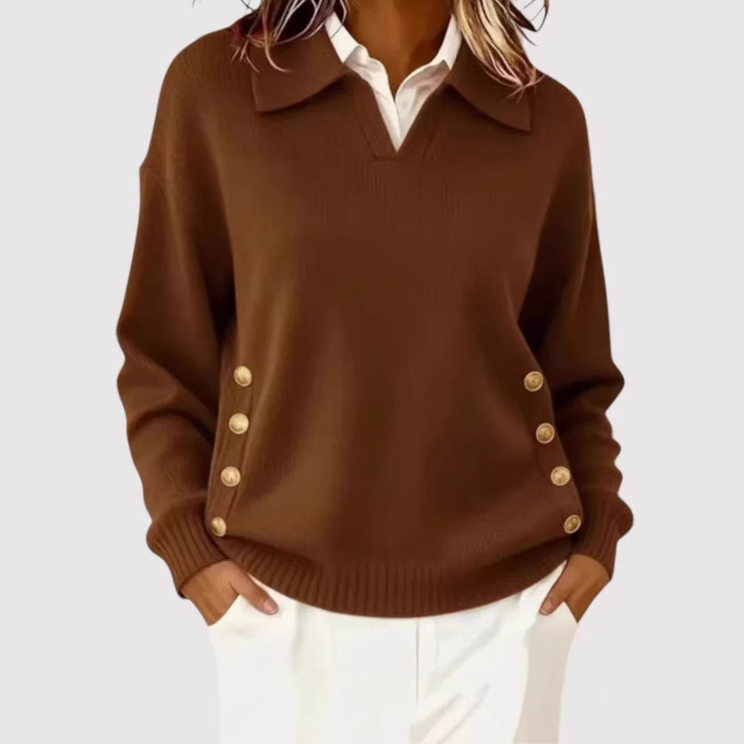 Damen Modischer Strickpullover mit Kragen und Knopfdetails