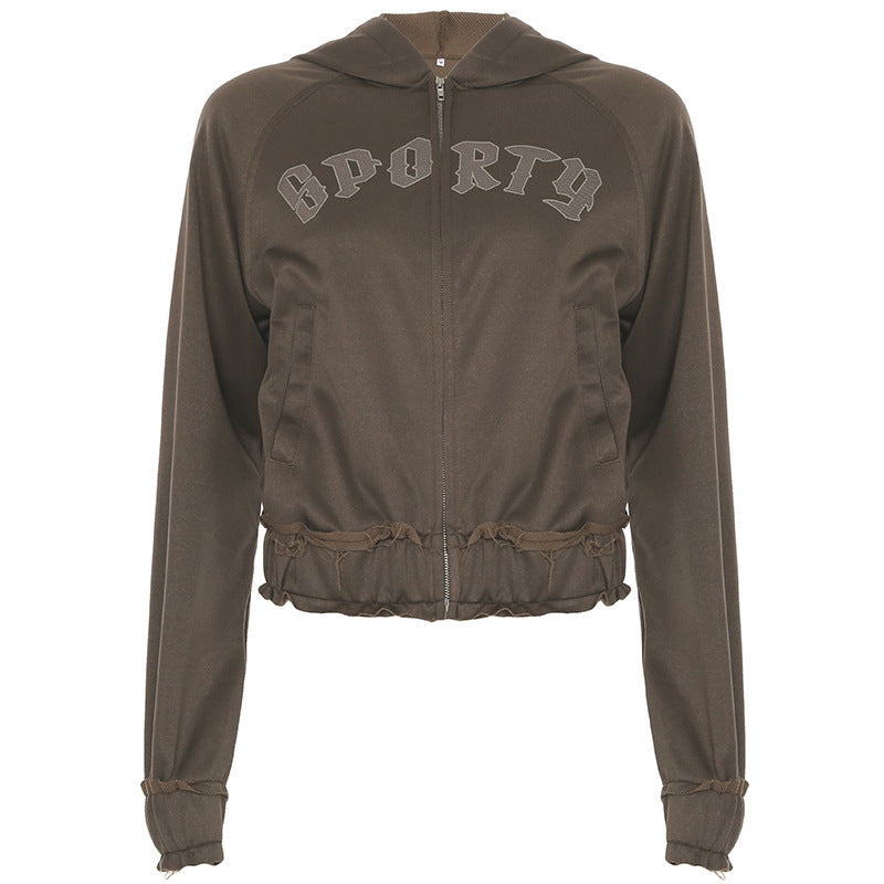 Damen nan taillierte Cropped-Kapuzenjacke mit durchgehendem Reißverschluss, elastischem Abschlussbund und dekorativem College-Print Drune