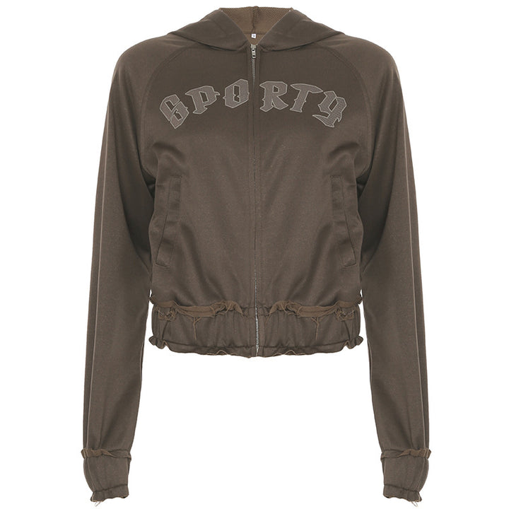 Damen nan taillierte Cropped-Kapuzenjacke mit durchgehendem Reißverschluss, elastischem Abschlussbund und dekorativem College-Print Drune