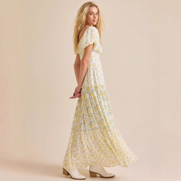 Damen Maxikleid mit blumigem Design und hochwertigen Puffärmeln Drune