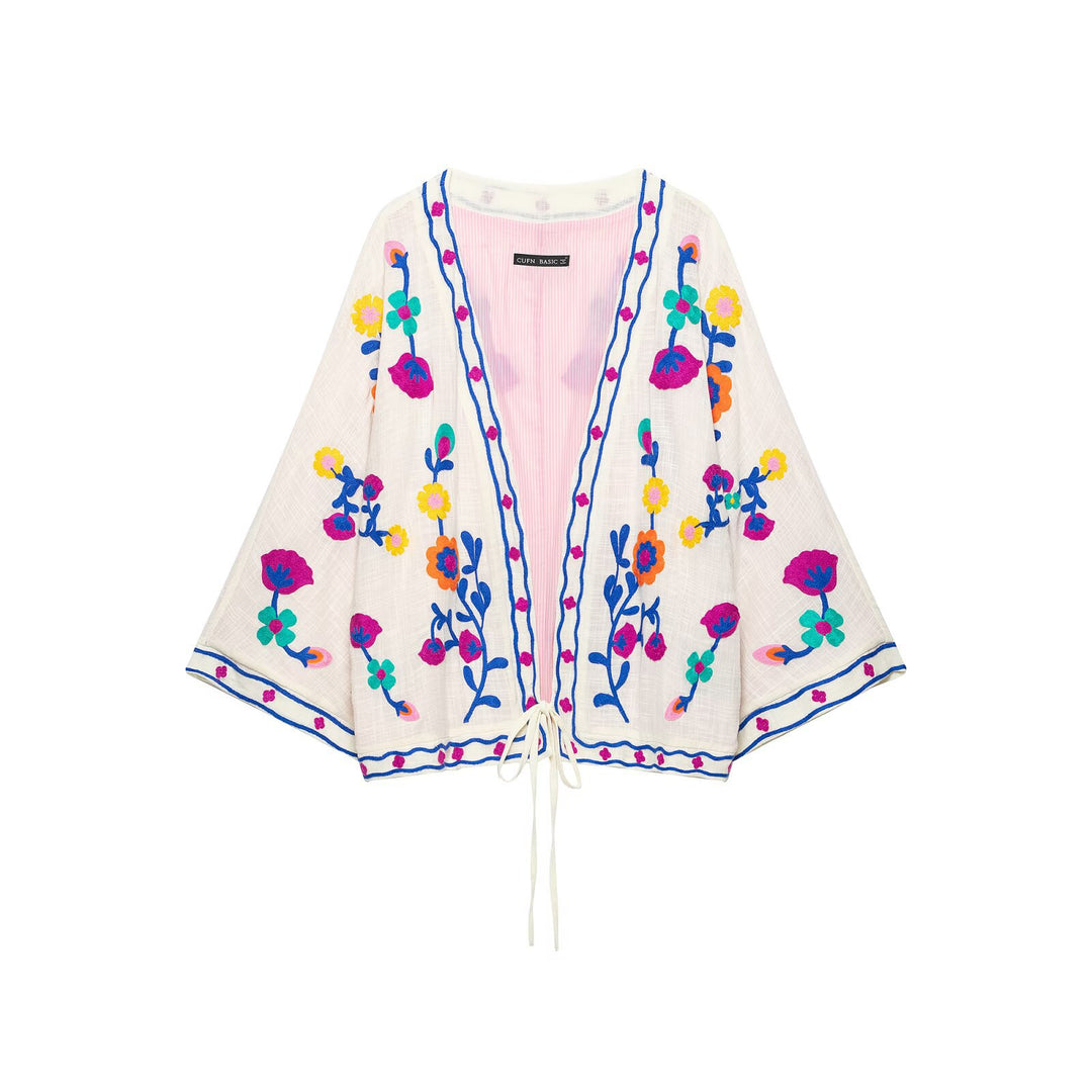 Damen Bestickter Kurz-Kimono mit floralem Stick und Bindegürtel Drune