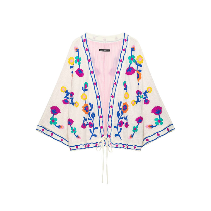 Damen Bestickter Kurz-Kimono mit floralem Stick und Bindegürtel Drune