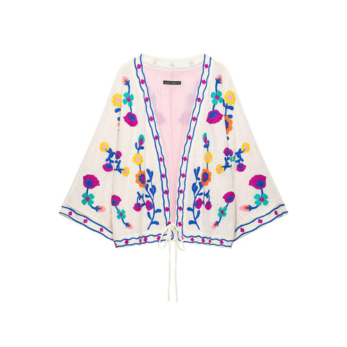 Damen Bestickter Kurz-Kimono mit floralem Stick und Bindegürtel Drune