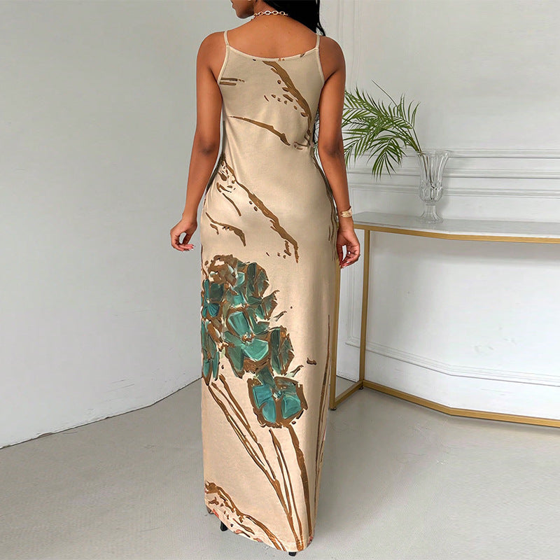 Damen Maxikleid mit kunstvollem Schmetterlingsdruck und Spaghettiträgern Drune