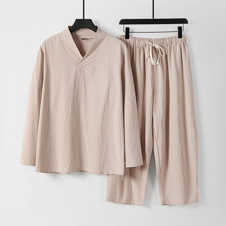 Herren Leichtes, weites Loungewear-Set mit V-Ausschnitt und Kordelbund Drune
