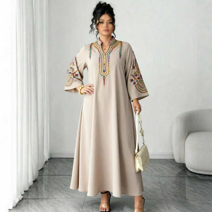 Damen Besticktes Maxikleid im Kaftan-Stil mit Stehkragen und Glockenärmeln Drune