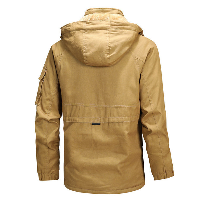 Herren wetterfeste Kapuzen-Canvasjacke mit Teddyfutter und Multifunktions-Taschen Drune