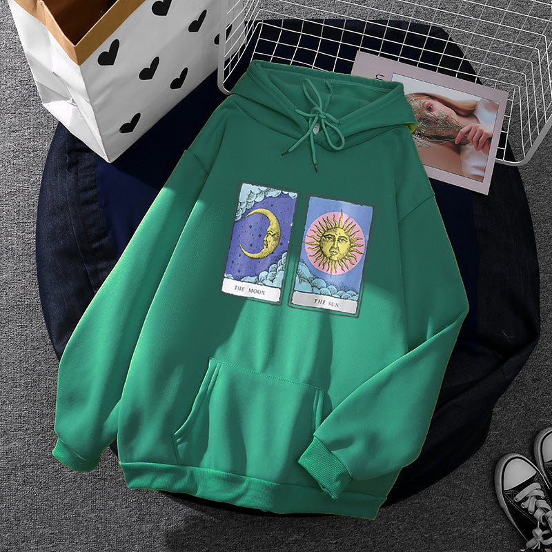 Damen nan leichter Oversize Kapuzenpullover mit Herz‑EKG‑Motiv, langen Kordeln und elastischem Bund Drune