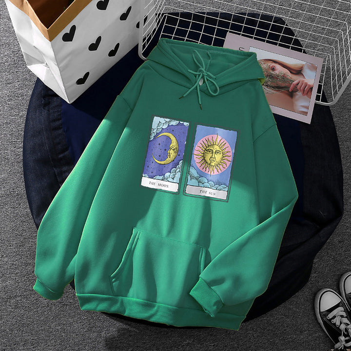 Damen nan leichter Oversize Kapuzenpullover mit Herz‑EKG‑Motiv, langen Kordeln und elastischem Bund Drune