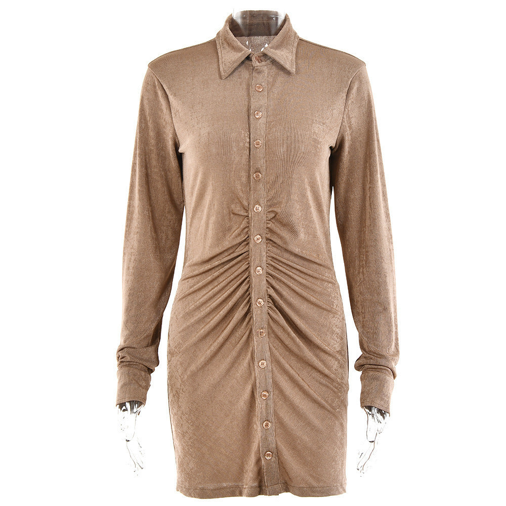 Damen Knielanges Hemdkleid mit Knopfleiste und Raffungen Drune