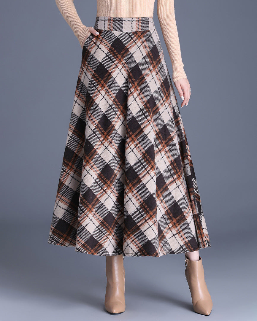 Damen nan weiter karierter Tellerrock aus Wollmix mit hoher Taille und Eingrifftaschen Drune
