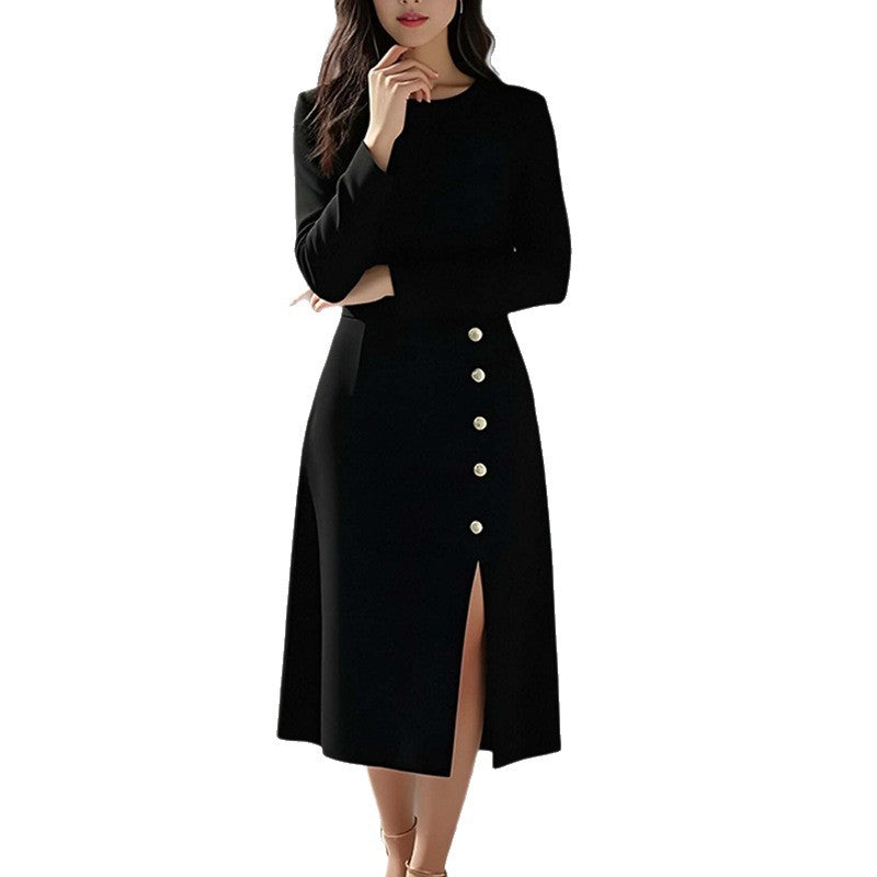 Damen Elegantes Midi-Kleid mit Knopfdetail und seitlichem Schlitz Drune