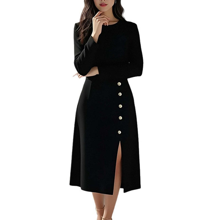 Damen Elegantes Midi-Kleid mit Knopfdetail und seitlichem Schlitz Drune