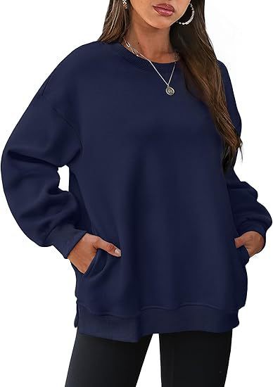 Damen nan lässiger Oversize-Sweatpullover mit seitlichen Eingrifftaschen, geripptem Saum und überschnittener Schulter Drune