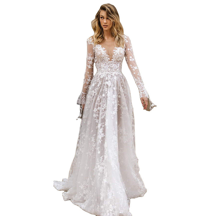 Damen Elegantes Hochzeitskleid mit floralen Spitzenapplikationen und tiefem V-Ausschnitt Drune