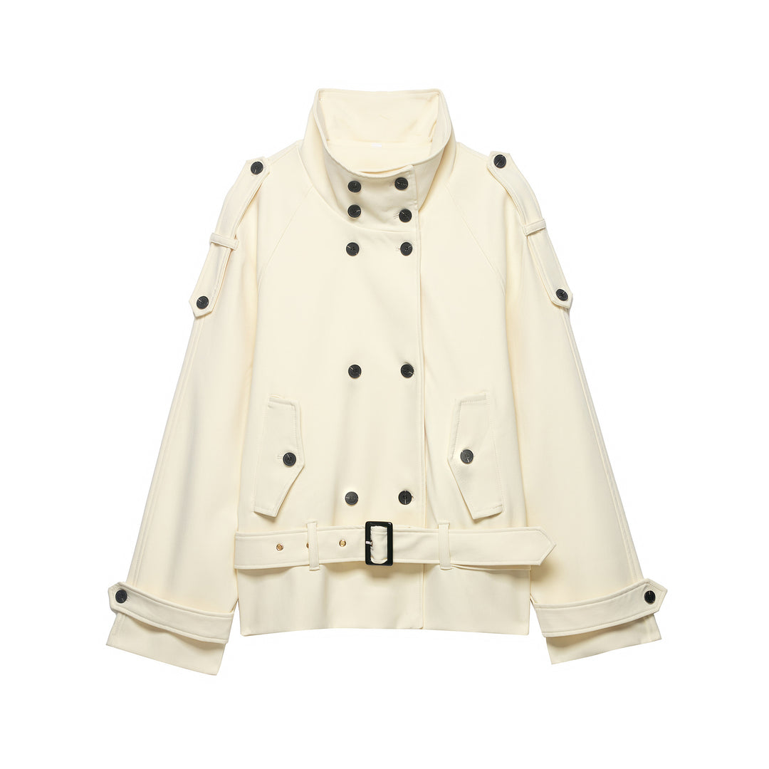 Damen Kurzer Doppelreiher-Mantel mit Cape-Ärmeln und Taillengürtel Drune