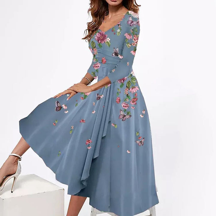 Damen Wickel-Midi-Kleid mit Blumenmuster, asymmetrischem Stufenschnitt und tailliertem Bindegürtel Drune