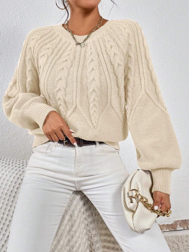 Damen nan kurzer Zopfmuster-Strickpullover mit Ballonärmeln und geripptem Saum Drune