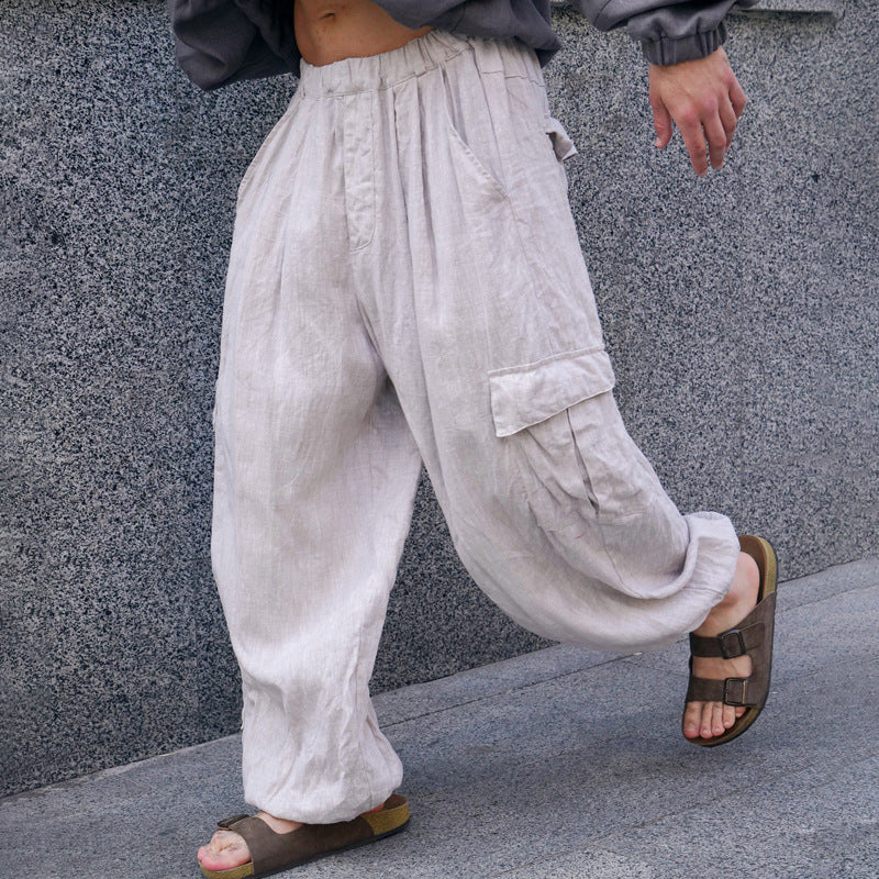 Herren Weite Leinen-Cargohose mit elastischem Bund, Falten und aufgesetzter Seitentasche Drune