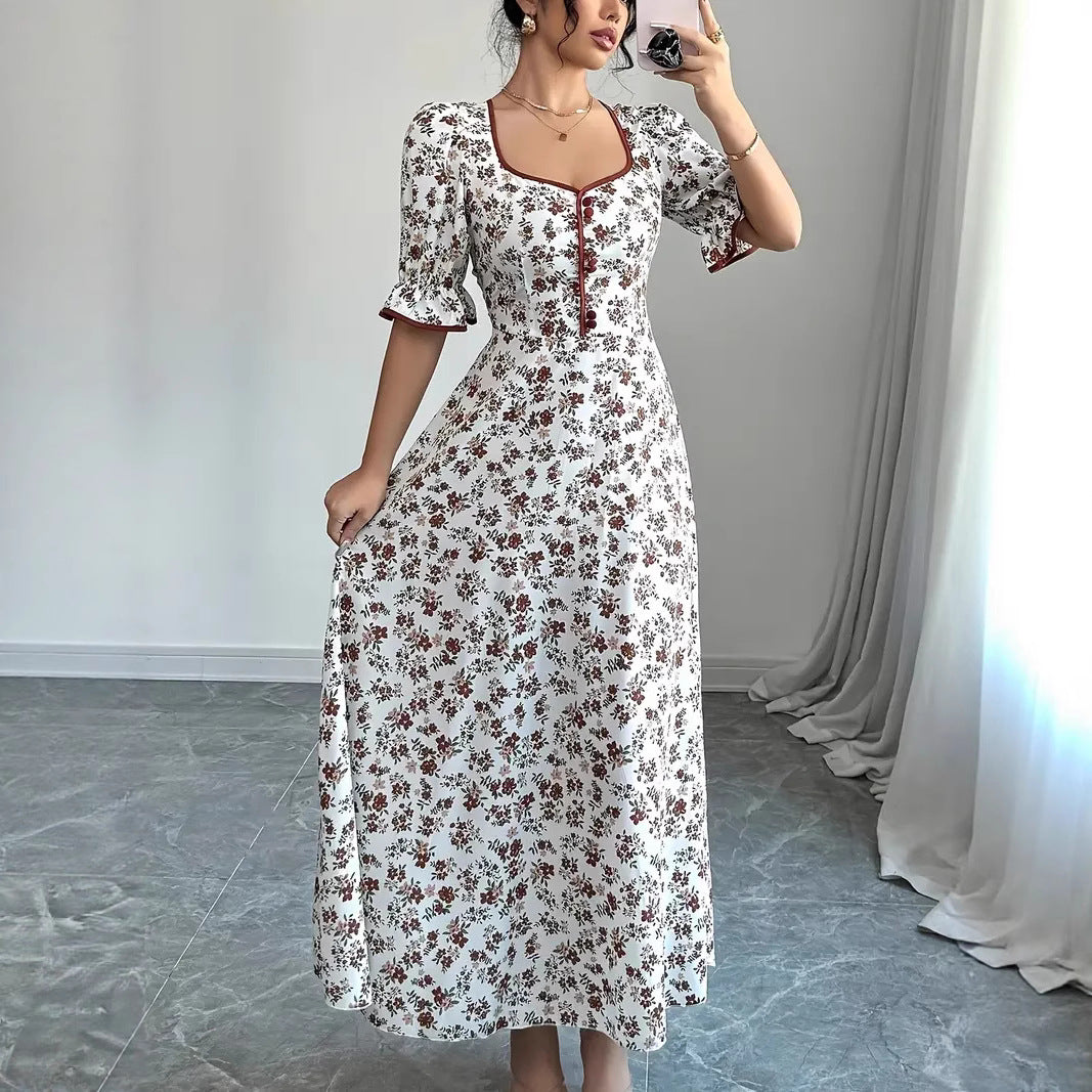 Damen Maxikleid mit eleganter Knopfleiste und romantischen Blumenmuster Drune