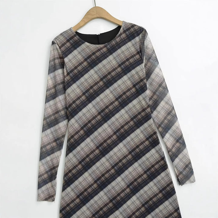 Damen nan langes Maxikleid mit diagonalem Karomuster, Rundhalsausschnitt und langem Ärmel Drune
