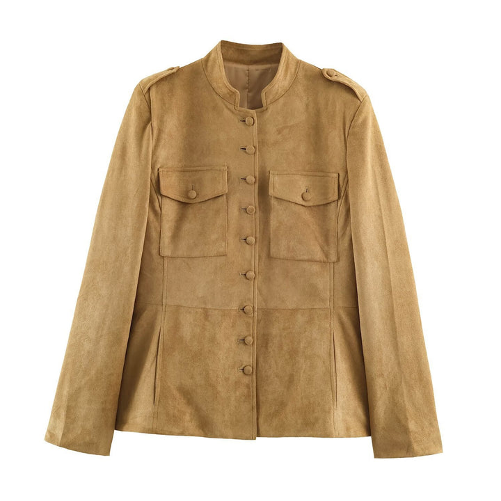 Damen Taillierte Veloursjacke im Fieldstil mit Stehkragen und Brustklappen Drune