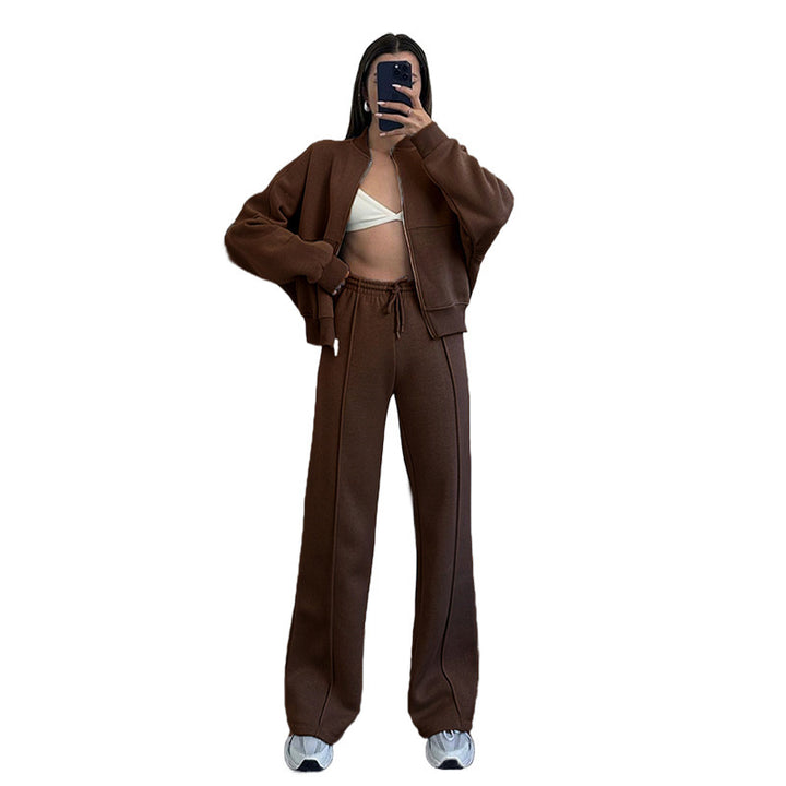 Damen Oversized Zip-Hoodie-Set mit Cropped Top und weiter Naht-Sweathose Drune