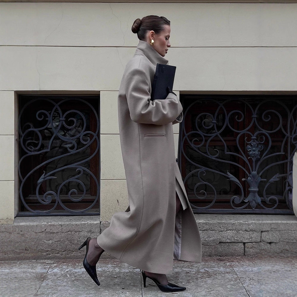 Damen Maxilanger Clean-Cut Wollmixmantel mit übergroßem Revers und gerader Silhouette Drune