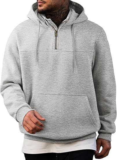 Herren Kapuzenpullover mit halbem Reißverschluss, Kängurutasche und gerippten Bündchen Drune