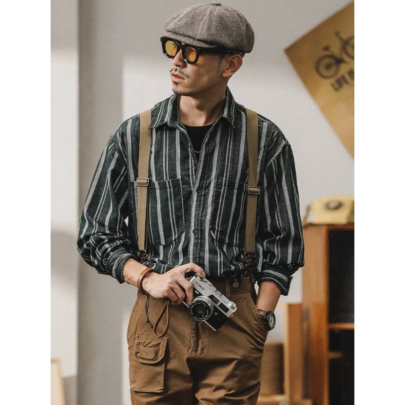 Herren Gestreiftes Overshirt-Hemd aus Baumwoll-Leinen mit Brusttaschen Drune