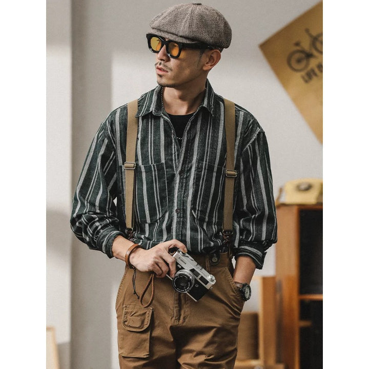 Herren Gestreiftes Overshirt-Hemd aus Baumwoll-Leinen mit Brusttaschen Drune