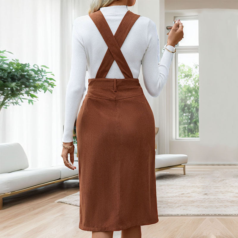 Damen Träger-Midikleid mit tiefem V‑Ausschnitt, tailliertem Bund und Frontschlitz Drune