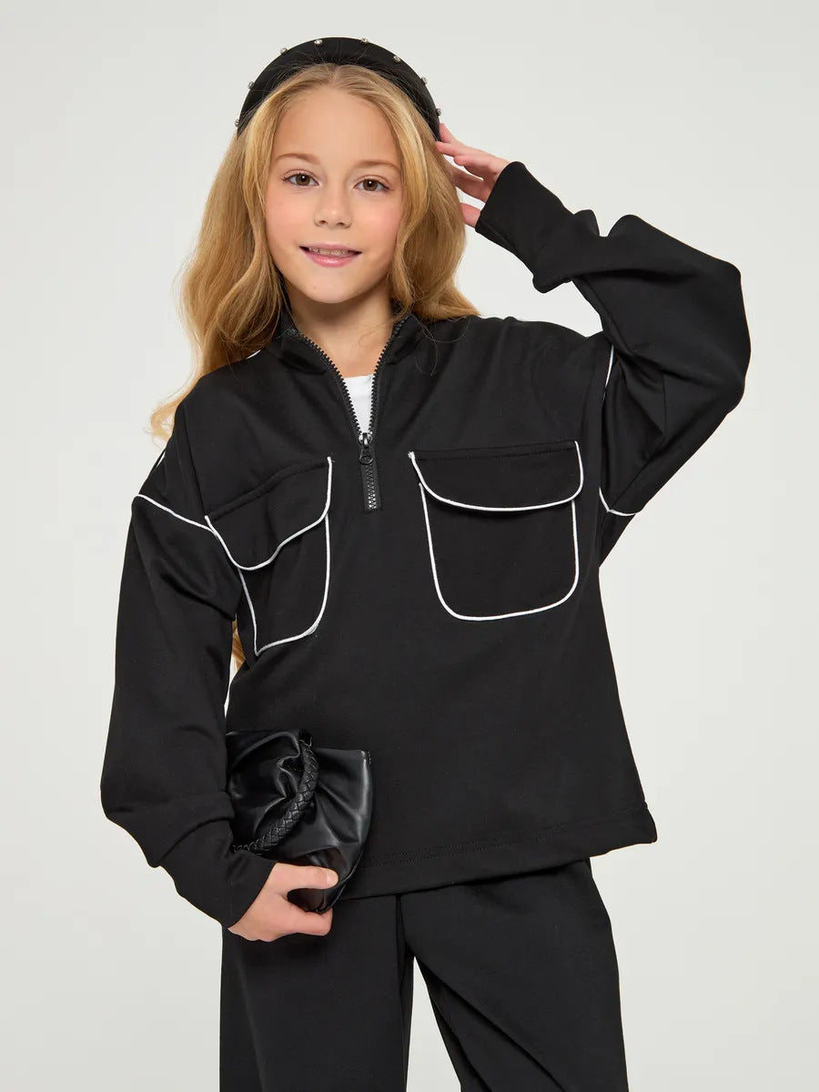 Damen sportlicher Sweatpullover mit halbem Reißverschluss und praktischen Taschen