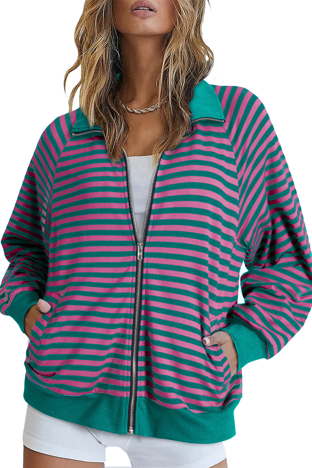 Damen Gestreifte Zip‑Jacke mit Reißverschluss, Raglanärmeln und Rippbündchen Drune