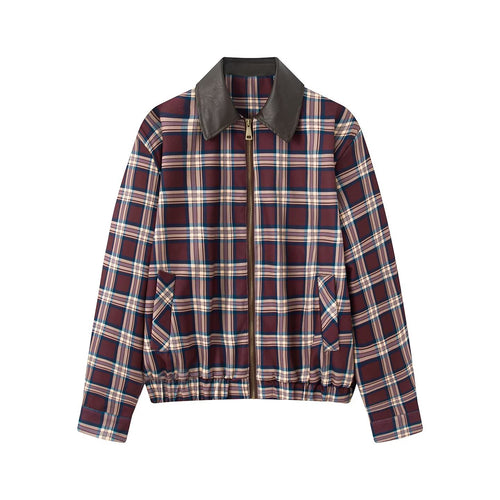 Damen Karierte Cropped-Übergangsjacke mit Reißverschluss, Kunstlederkragen und elastischem Saum Drune