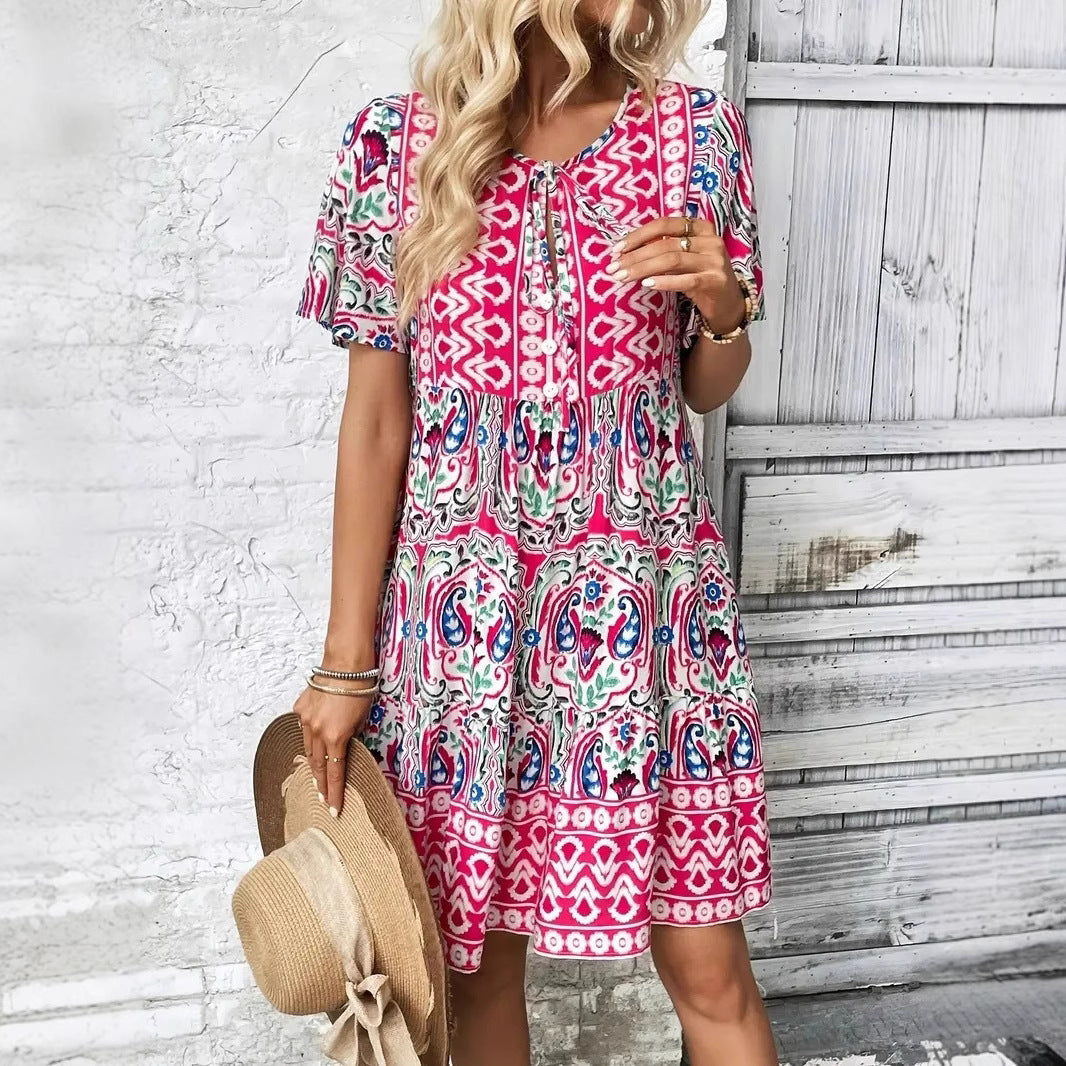 Damen Midi-Kleid mit verspieltem Muster und Knopfleiste Drune