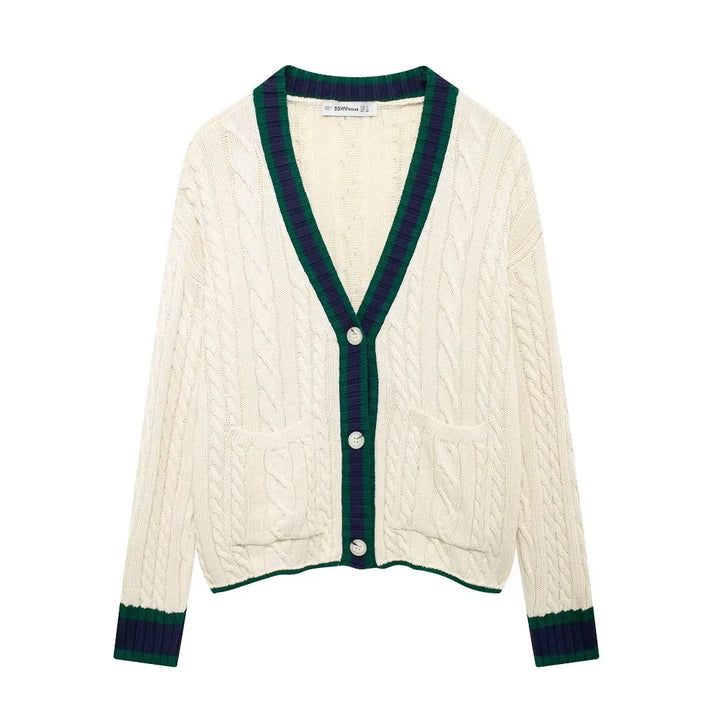 Damen nan Zopfmuster-Cardigan mit V-Ausschnitt, aufgesetzten Taschen und Kontrastkanten Drune