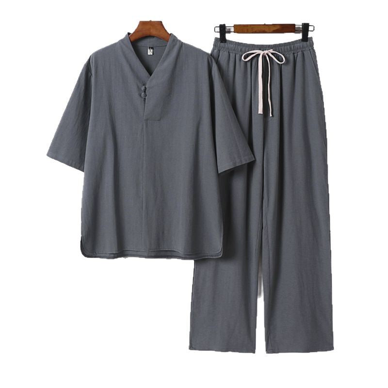Herren Zweiteiliges Leichtes Loungewear-Set mit Stehkragen-Halbarmshirt und Kordelbund-Hose Drune