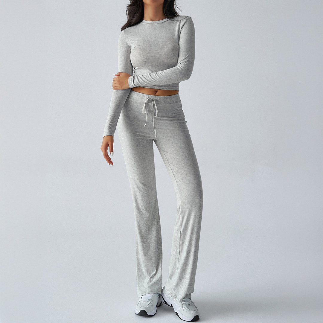 Damen nan tailliertes Longsleeve-Crop-Top und weite Lounge-Hose im Zweiteiler-Set aus Stretchjersey Drune