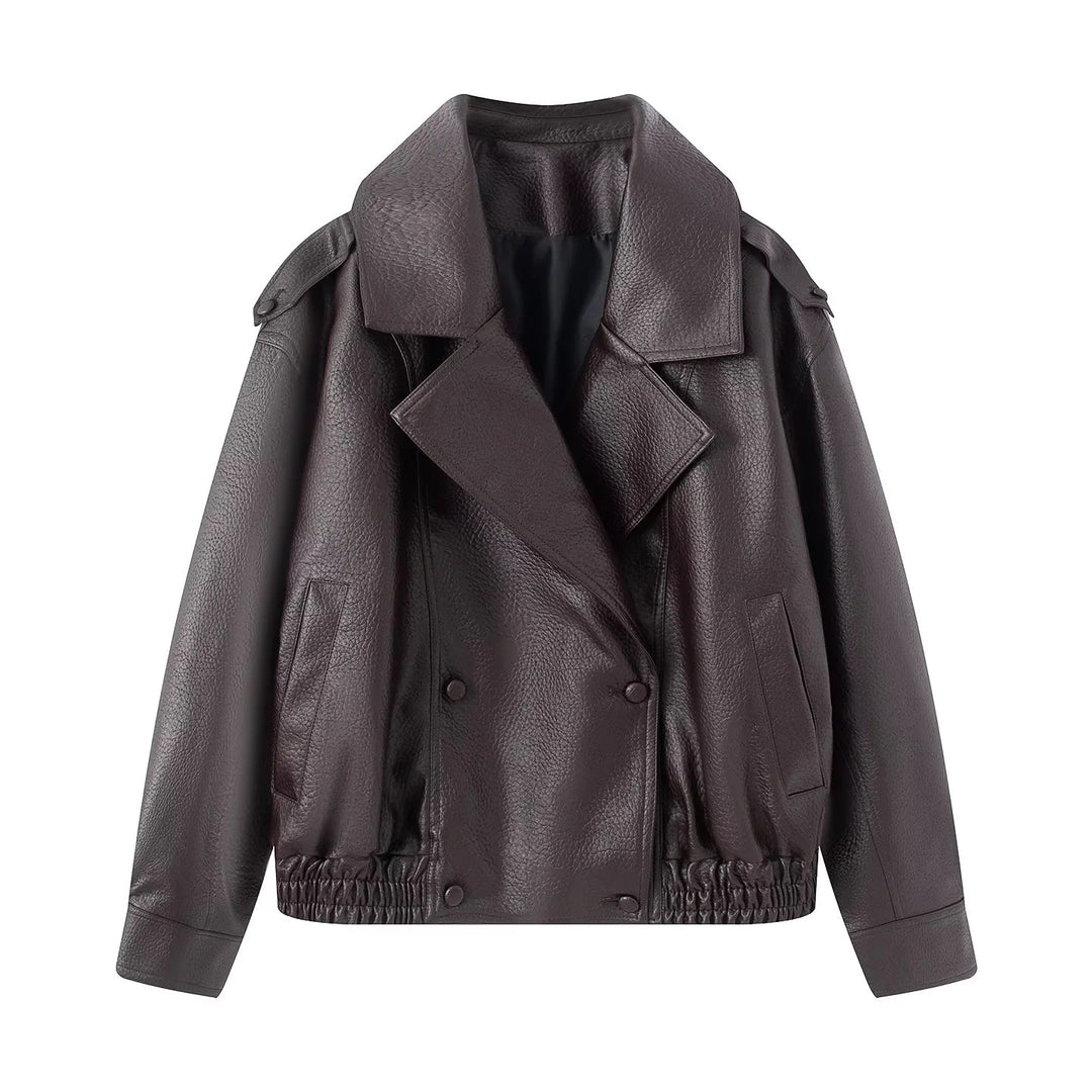 Damen nan cropped zweireihiger Kunstleder-Blouson mit breitem Revers und elastischem Saum Drune