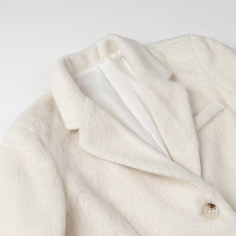 Damen nan minimalistischer midilanger Mantelblazer mit strukturierter Oberfläche, Reverskragen und Pattentaschen Drune