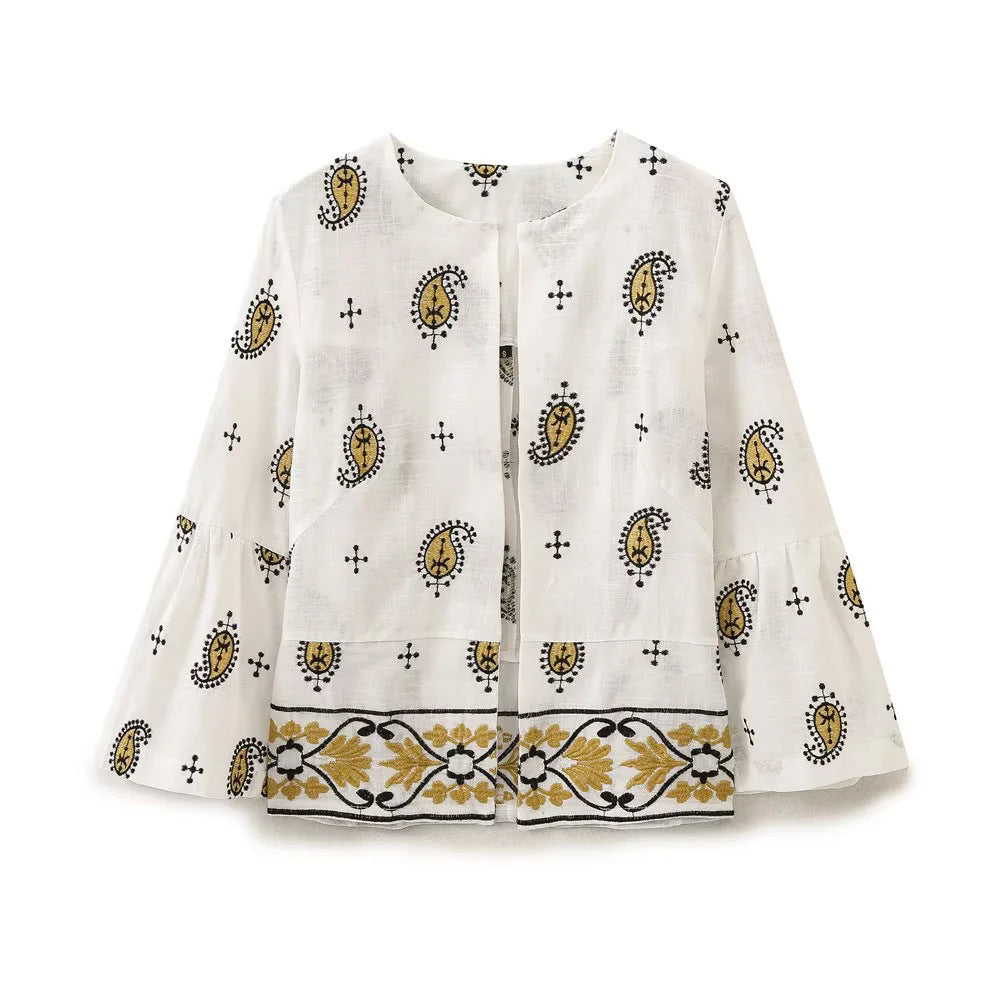 Damen nan weiter Leinenhose mit hohem Bund, Bordürstickerei und folklorem Paisley-Print Drune