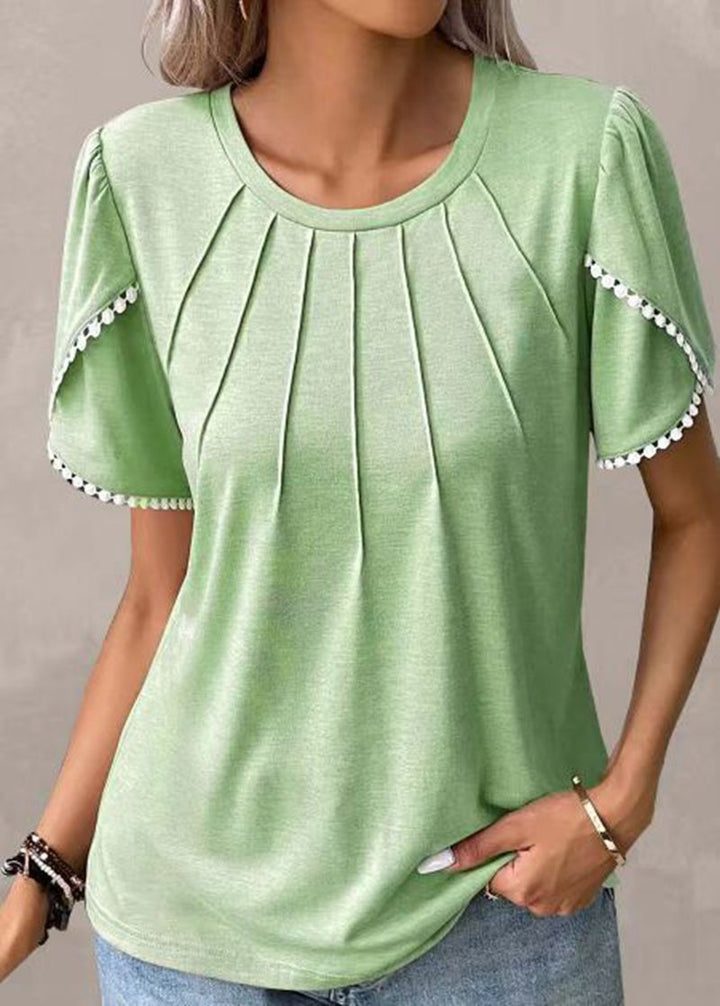 Damen nan Rundhals-Shirt mit dekorativer Kellerfalten-Front, Flatterärmeln und Pompon-Borte Drune