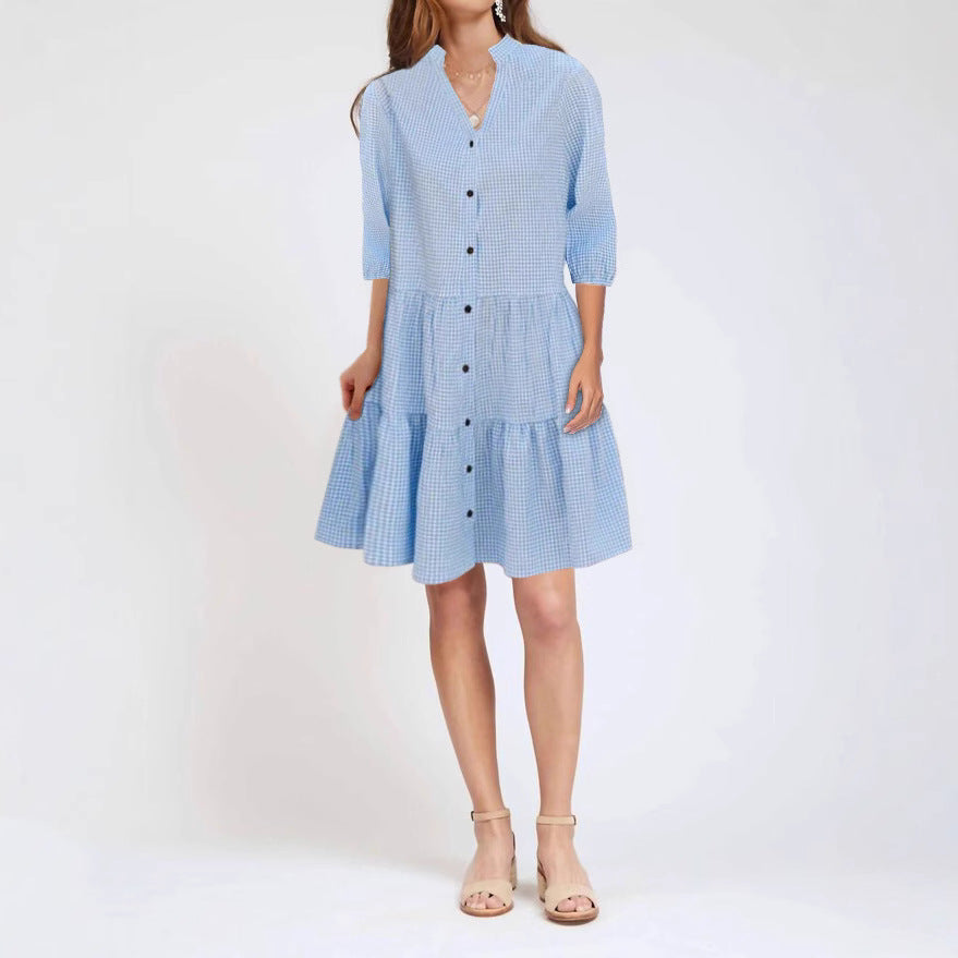Damen Locker Gestuftes Hemdkleid mit Stehkragen und Voller Knopfleiste Drune